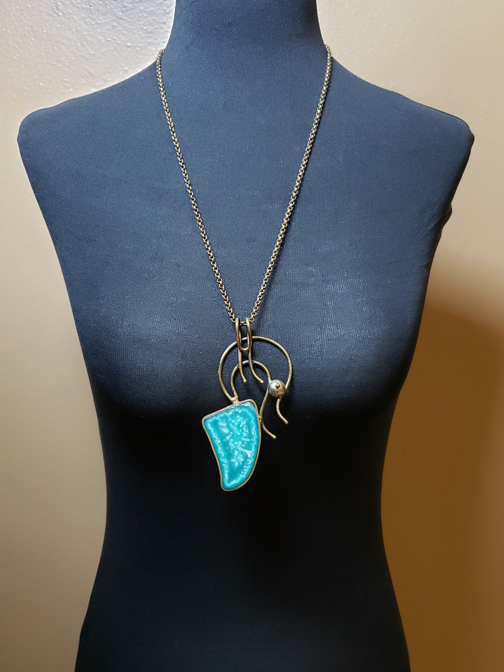 Vintage Artisan  Antique- Gold Tone Turquoise Statement Pendant Necklace
